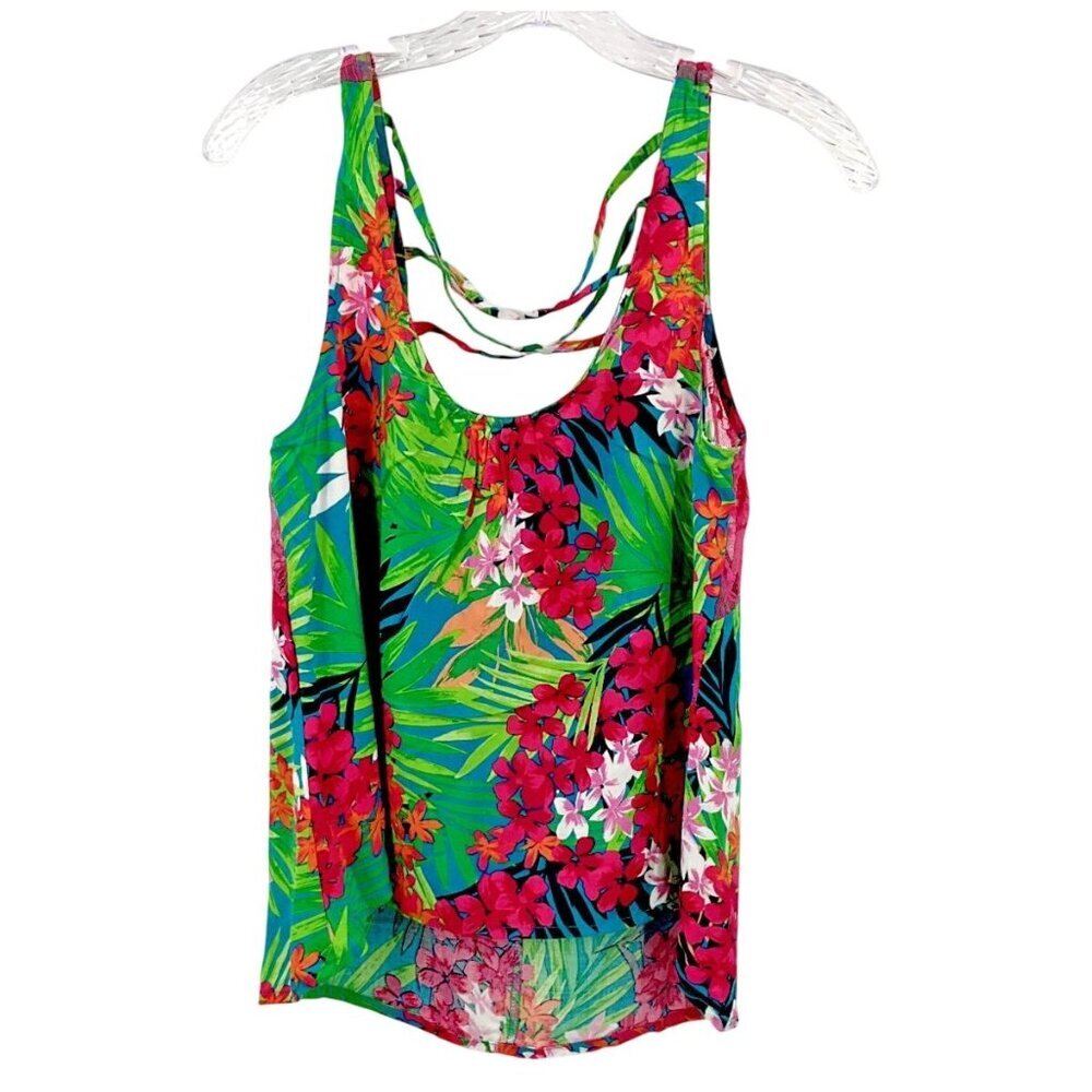 Wet Seal Top Women L Colorful‎ Tank Tropical Lace Strappy High Low Travel VTG